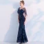 Scintillantes Bleu Marine Robe De Soirée 2019 Trompette / Sirène Paillettes Faux Diamant V-Cou Dos Nu Manches Courtes Longue Robe De Ceremonie