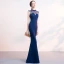 Chic / Belle Bleu Marine Robe De Soirée 2019 Trompette / Sirène Perlage Encolure Dégagée Sans Manches Longue Robe De Ceremonie