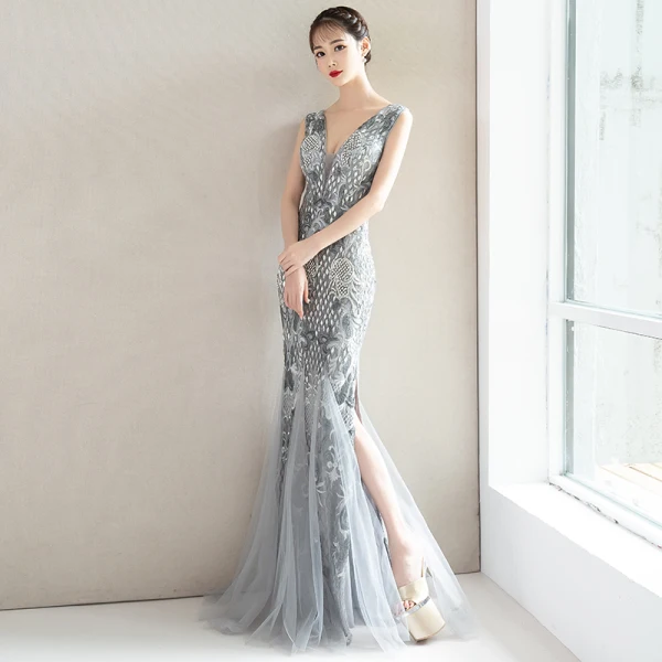 Charming Grey Evening Dresses 2019 Trumpet / Mermaid Lace Flower Crystal Sequins V-Neck Sleeveless Backless Floor-Length / Long Formal Dresses