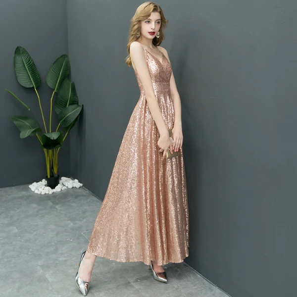 Scintillantes Doré Robe De Soirée 2019 Princesse Glitter Paillettes Bretelles Spaghetti Sans Manches Dos Nu Longueur Cheville Robe De Ceremonie