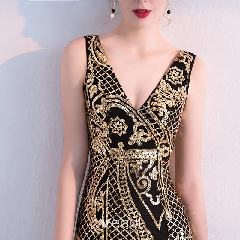 Charming Black Gold Evening Dresses 2019 Trumpet / Mermaid Sequins V-Neck Sleeveless Backless Asymmetrical Formal Dresses