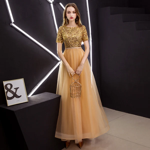 Elegant Gold Prom Dresses 2019 A-Line / Princess Scoop Neck Sequined Short Sleeve Ankle Length Formal Dresses Elegant Gold Prom Dresses 2019 A-Line / Princess Scoop Neck Sequined Short Sleeve Ankle Length Formal Dresses