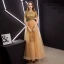 Elegant Gold Prom Dresses 2019 A-Line / Princess Scoop Neck Sequined Short Sleeve Ankle Length Formal Dresses