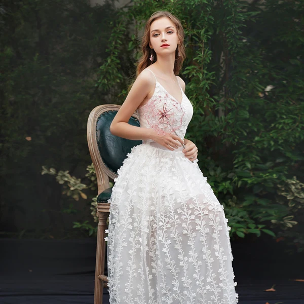 Moderne / Mode Ivoire Plage Robe De Soirée 2019 Princesse Bretelles Spaghetti Appliques Sans Manches Dos Nu Longue Robe De Ceremonie