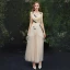 Élégant Champagne Robe De Soirée 2019 Princesse Bretelles Spaghetti En Dentelle Appliques Sans Manches Dos Nu Longueur Cheville Robe De Ceremonie