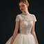 Vintage High End Weiß Ballkleid Brautkleider / Hochzeitskleider 2021 Rundhalsausschnitt Perlenstickerei Perle Strass Kurze Ärmel Rückenfreies Königliche Schleppe Hochzeit