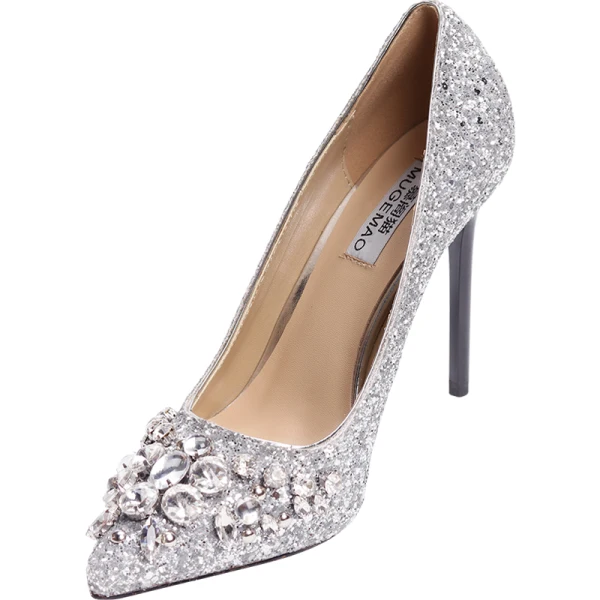 Scintillantes Argenté Chaussure De Mariée 2019 Cuir Perlage Cristal Faux Diamant Paillettes 10 cm Talons Aiguilles À Bout Rond Mariage Escarpins