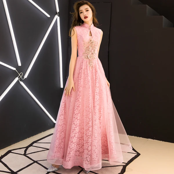 Chinese style Candy Pink Evening Dresses 2019 A-Line / Princess High Neck Appliques Beading Sleeveless Backless Lace Floor-Length / Long Formal Dresses