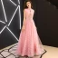 Chinese style Candy Pink Evening Dresses  2019 A-Line / Princess High Neck Appliques Beading Sleeveless Backless Lace Floor-Length / Long Formal Dresses