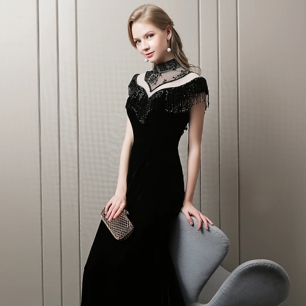 Stunning Black Evening Dresses 2018 Trumpet Mermaid Beading Tassel Suede  High Neck Short Sleeve Court Train Formal Dresses