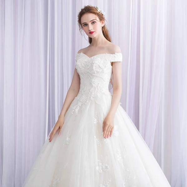 Élégant Ivoire Robe De Mariée 2019 Robe Boule De l'épaule Perlage En Dentelle Appliques Manches Courtes Dos Nu Longue