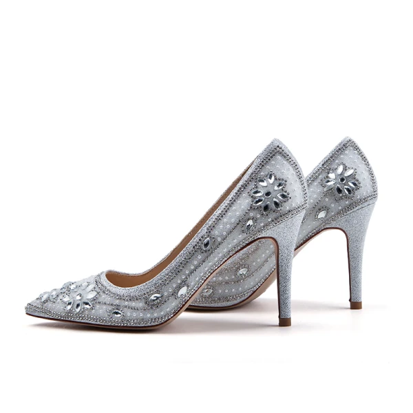 Glittrande Silver Brudskor 2019 Läder Kristall Rhinestone 9 cm Stilettklackar Spetsiga Bröllop Pumps