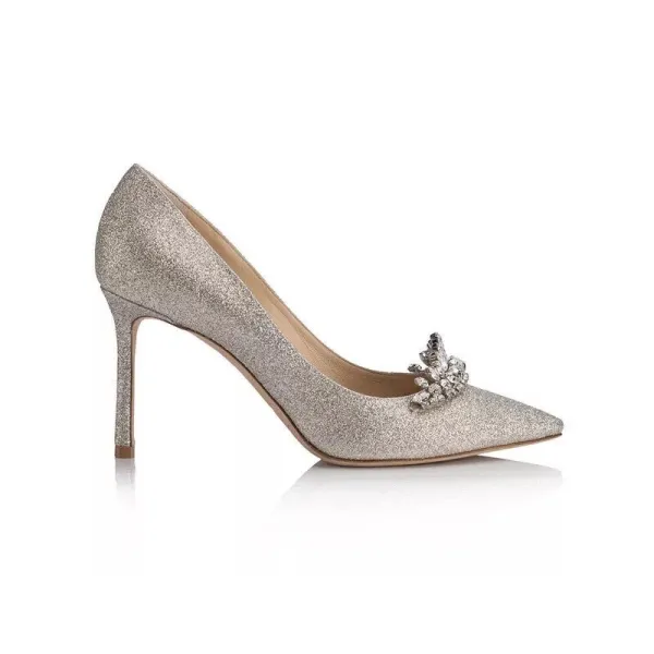 Glitzernden Ivory / Creme Brautschuhe 2019 Kristall Strass Pailletten 10 cm Stilettos Spitzschuh Hochzeit Pumps