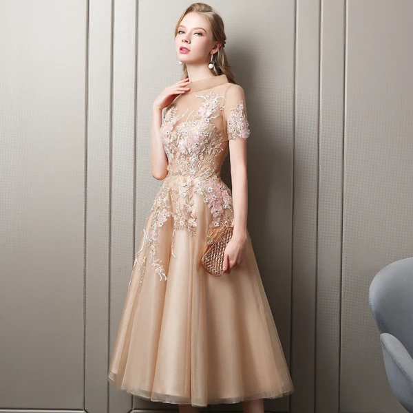 Chic / Beautiful Champagne Homecoming Graduation Dresses 2018 A-Line / Princess Lace Appliques Rhinestone Sequins Scoop Neck Short Sleeve Tea-length Formal Dresses