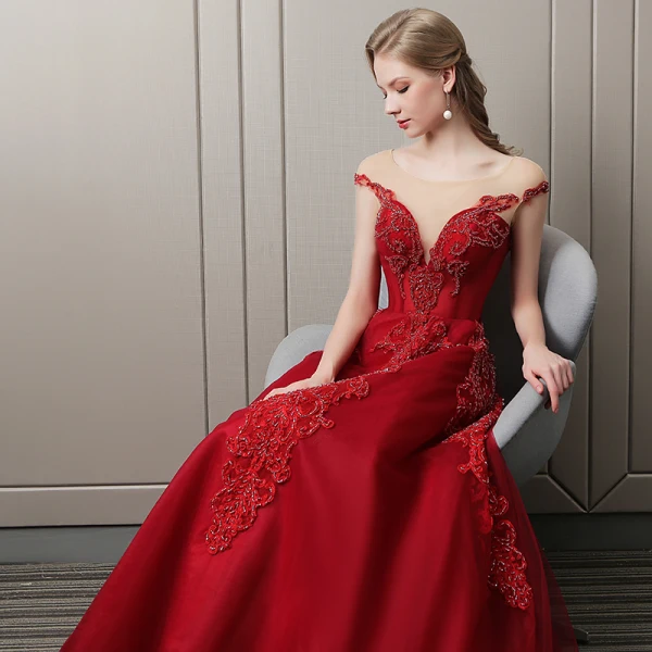 Luxury / Gorgeous Burgundy Evening Dresses  2018 A-Line / Princess Crystal Beading Lace Flower Scoop Neck Backless Cap Sleeves Floor-Length / Long Formal Dresses