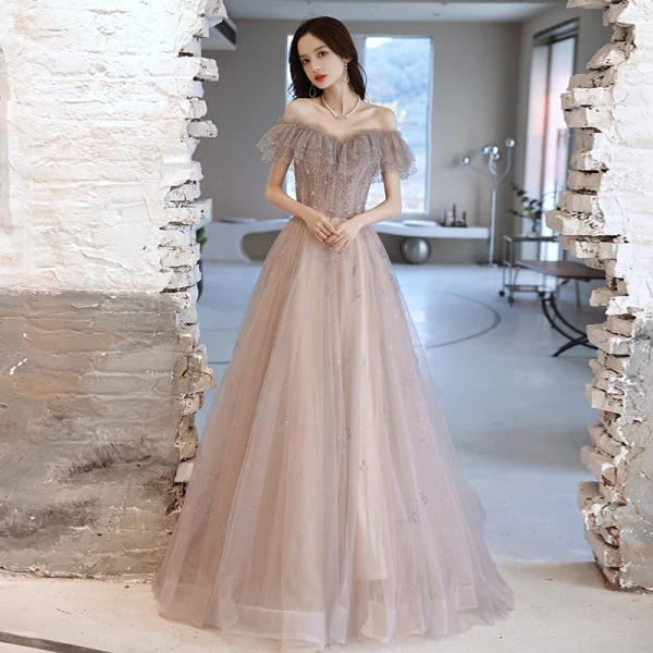 Charmant Violet Gris Robe De Soirée 2021 Princesse De l'épaule Perlage Perle Faux Diamant Manches Courtes Dos Nu Train De Balayage Robe De Ceremonie