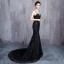 Charmant Noire Robe De Soirée 2019 Trompette / Sirène Bretelles Spaghetti Dentelle Fleur Perlage Paillettes Sans Manches Dos Nu Tribunal Train Robe De Ceremonie