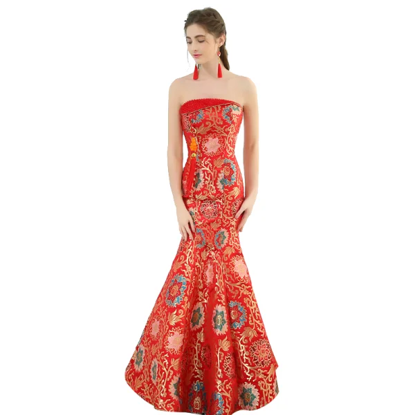 Chinese style Red Evening Dresses 2019 Trumpet / Mermaid Strapless Crystal Sleeveless Backless Printing Floor-Length / Long Formal Dresses