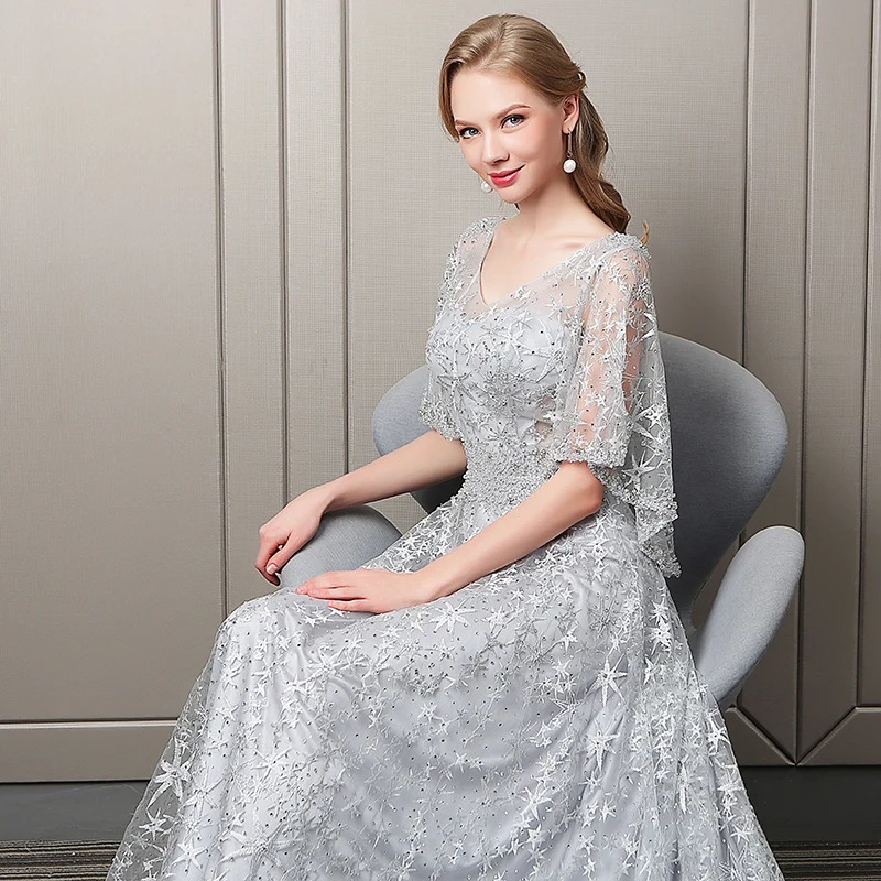 Elegant Silver Star Evening Dresses 2018 A Line Princess Lace Crystal  Beading V Neck Backless 1 2 Sleeves Sweep Train Formal Dresses