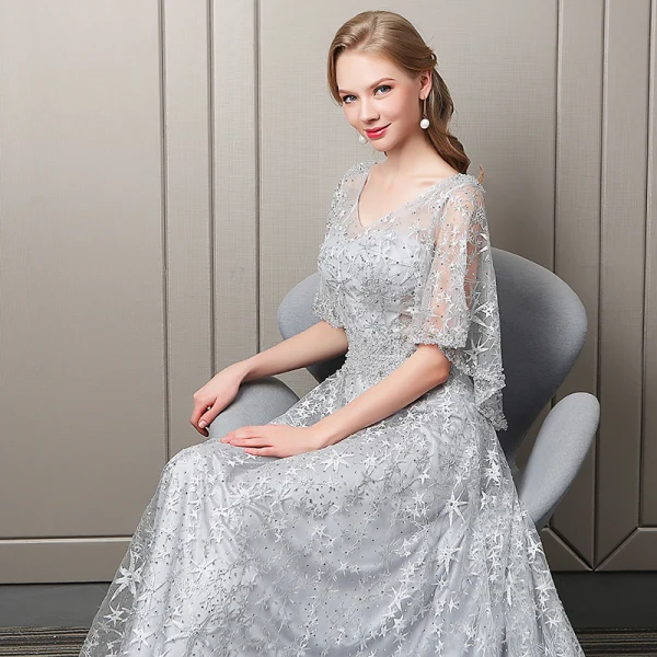 Elegante Silber Star Abendkleider 2018 A Linie Spitze Kristall Perlenstickerei V-Ausschnitt Rückenfreies 1/2 Ärmel Sweep / Pinsel Zug Festliche Kleider