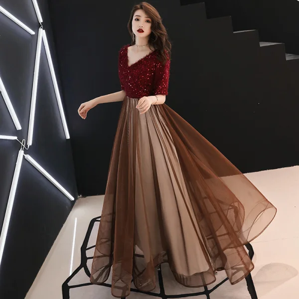 Modern / Fashion Burgundy Evening Dresses 2019 A-Line / Princess V-Neck Tassel Sequins 1/2 Sleeves Backless Floor-Length / Long Formal Dresses