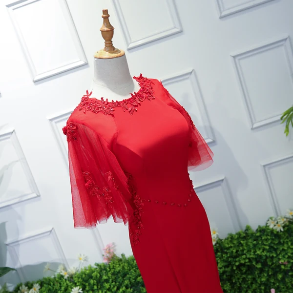 Chic / Belle Bordeaux Robe De Soirée 2019 Trompette / Sirène Encolure Dégagée 1/2 Manches En Dentelle Fleur Perlage Paillettes Train De Balayage Robe De Ceremonie