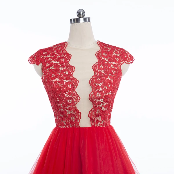 Sexy Rouge Robe De Fete 2018 Courte Encolure Dégagée En Dentelle Fleur Sans Manches Dos Nu Robe De Ceremonie