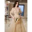 Charming Champagne Prom Dresses 2021 A-Line / Princess Square Neckline Beading Short Sleeve Backless Floor-Length / Long Prom Formal Dresses