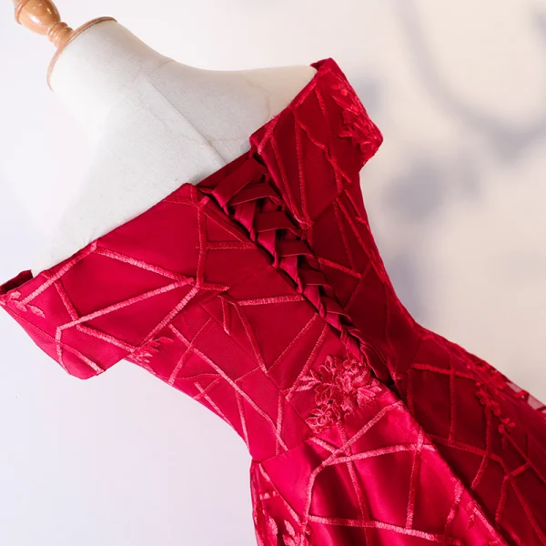 Chic / Beautiful Red Evening Dresses 2019 A-Line / Princess Off-The-Shoulder Lace Flower Short Sleeve Backless Floor-Length / Long Formal Dresses