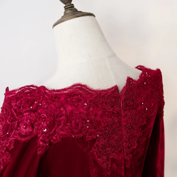Elegante Bordeaux Avondjurken 2019 Trompet / Zeemeermin Kant Bloem Vierkante Halslijn Kralen Kristal Pailletten Suede Lange Mouwen Lange Gelegenheid Jurken