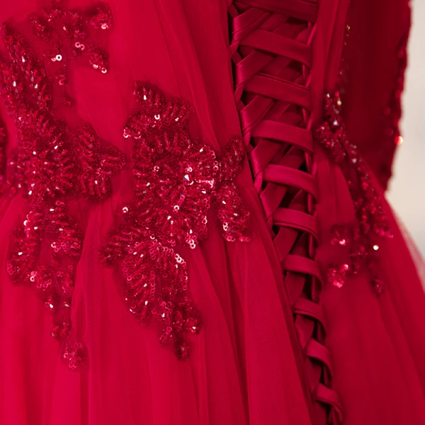 Chic / Beautiful Burgundy Prom Dresses 2019 A-Line / Princess Scoop Neck 3/4 Sleeve Beading Lace Sequins Crystal Backless Floor-Length / Long Formal Dresses