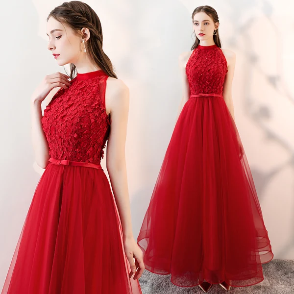 Chic / Beautiful Red Prom Dresses 2018 A-Line / Princess Appliques Lace Bow Scoop Neck Sleeveless Ankle Length Formal Dresses