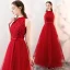 Chic / Beautiful Red Prom Dresses 2018 A-Line / Princess Appliques Lace Bow Scoop Neck Sleeveless Ankle Length Formal Dresses