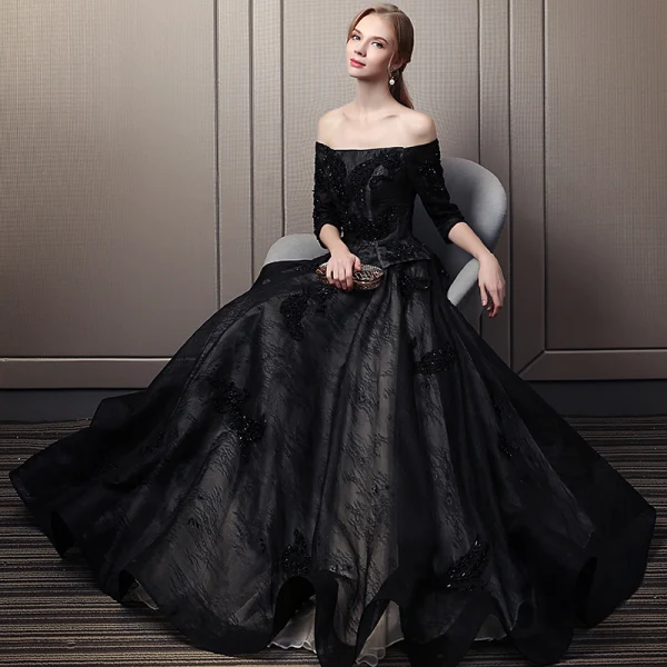 Elegante Schwarz Abendkleider 2019 A Linie Off Shoulder Perlenstickerei Spitze Blumen Kristall 3/4 Ärmel Rückenfreies Lange Festliche Kleider