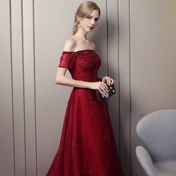 Chic / Beautiful Burgundy Evening Dresses 2019 A-Line / Princess Off-The-Shoulder Beading Crystal Sequins Short Sleeve Backless Floor-Length / Long Formal Dresses
