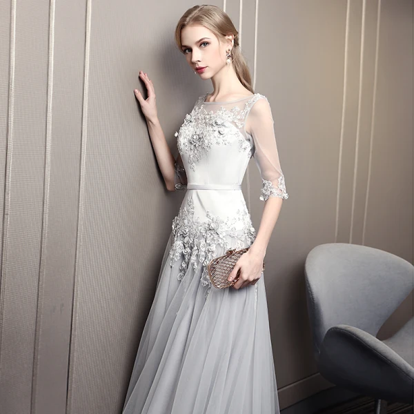 Elegant Grey Evening Dresses 2019 A-Line / Princess Scoop Neck Beading Crystal Lace Flower Sequins 1/2 Sleeves Backless Court Train Formal Dresses