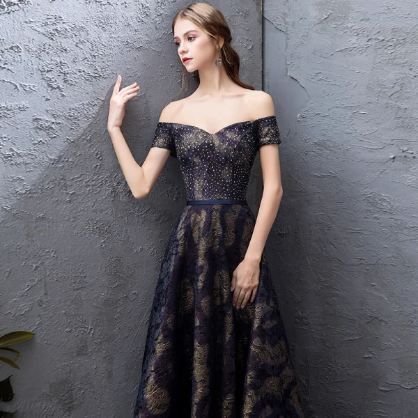 Elegant Navy Blue Prom Dresses 2019 A-Line / Princess Off-The-Shoulder Lace Rhinestone Short Sleeve Backless Floor-Length / Long Formal Dresses