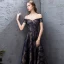 Elegant Navy Blue Prom Dresses 2019 A-Line / Princess Off-The-Shoulder Lace Rhinestone Short Sleeve Backless Floor-Length / Long Formal Dresses