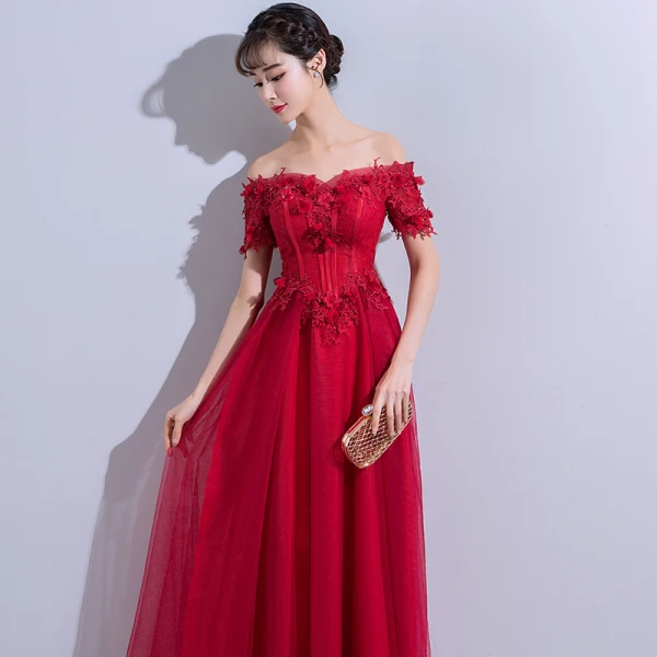Chic / Beautiful Burgundy Evening Dresses  2019 A-Line / Princess Off-The-Shoulder Appliques Lace Flower Crystal Short Sleeve Backless Floor-Length / Long Formal Dresses