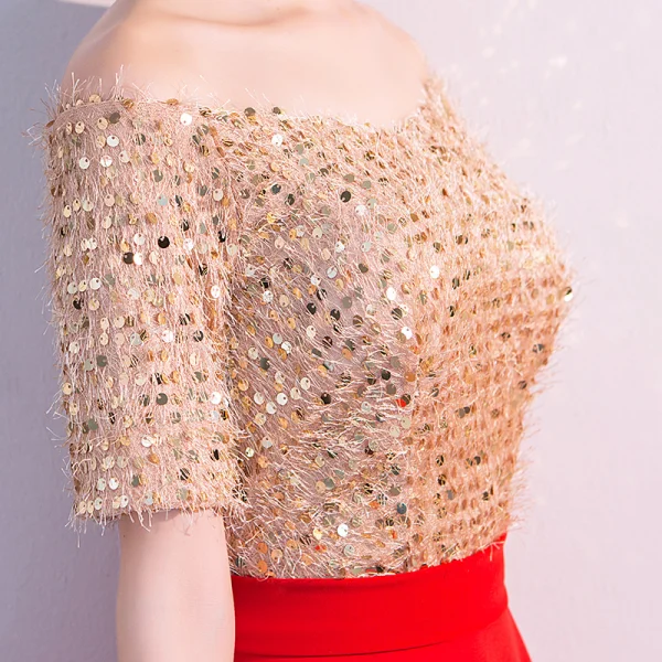Elegante Rot Abendkleider 2019 A Linie Off Shoulder Pailletten Spitze Quaste Kurze Ärmel Rückenfreies Lange Festliche Kleider