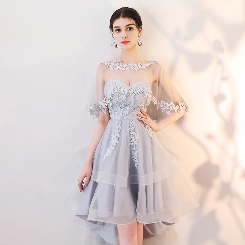 Chic Beautiful Grey Cocktail Dresses 2019 A-Line Princess Scoop Neck Lace Appliques 1/2