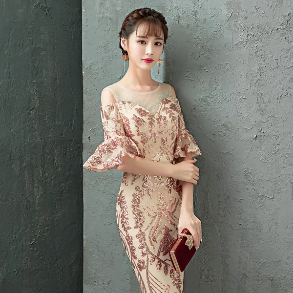 Charming Champagne Evening Dresses Trumpet / Mermaid 2019 Scoop Neck Sequins Rhinestone Bell sleeves Floor-Length / Long Formal Dresses