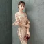 Charming Champagne Evening Dresses  Trumpet / Mermaid 2019 Scoop Neck Sequins Rhinestone Bell sleeves Floor-Length / Long Formal Dresses