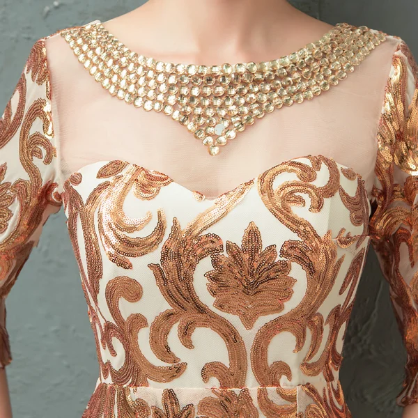 Charming Gold Evening Dresses 2019 Trumpet / Mermaid Scoop Neck Crystal Sequins 1/2 Sleeves Backless Floor-Length / Long Formal Dresses
