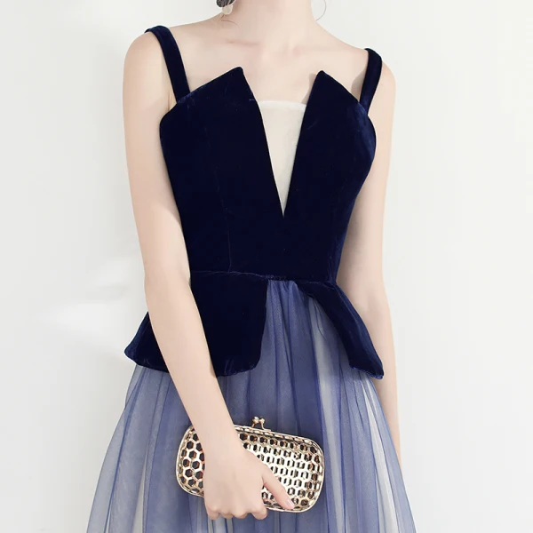 Chic / Belle Bleu Marine Dégradé De Couleur Robe De Soirée 2019 Princesse Bretelles Spaghetti Sans Manches Dos Nu Longue Robe De Ceremonie