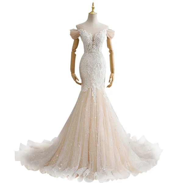 Sexy Champagne Wedding Dresses 2021 Trumpet / Mermaid Scoop Neck Sequins Lace Flower Short Sleeve Backless Cathedral Train Wedding