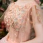 Affordable Pearl Pink Prom Dresses 2019 Ball Gown Scoop Neck Lace Appliques Pearl Short Sleeve Backless Floor-Length / Long Formal Dresses
