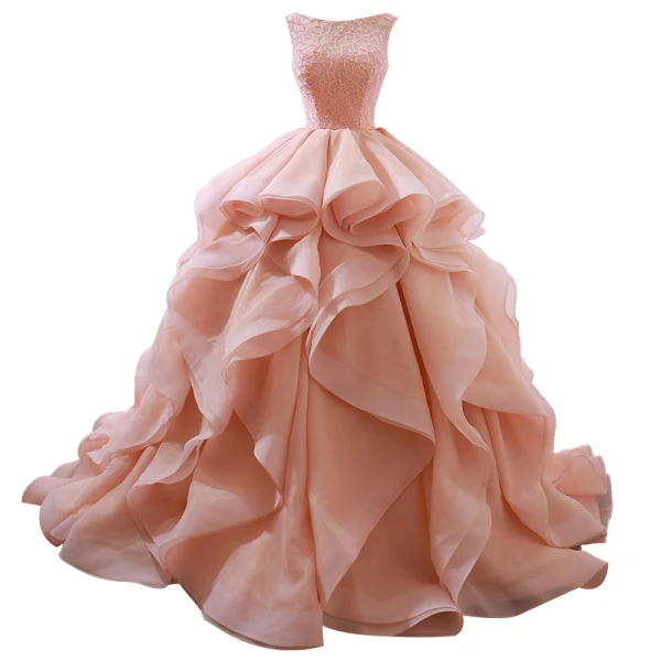 Élégant Perle Rose Robe De Bal 2019 Robe Boule Encolure Dégagée Perlage Sans Manches Dos Nu Volants en Cascade Tribunal Train Robe De Ceremonie