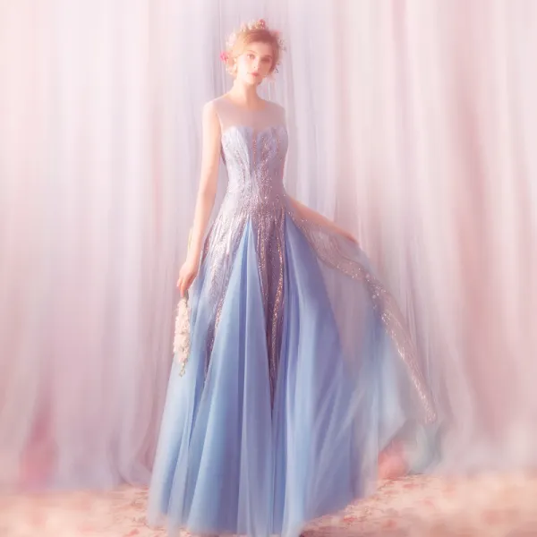 Elegant Sky Blue Prom Dresses 2019 A-Line / Princess Scoop Neck Glitter ...