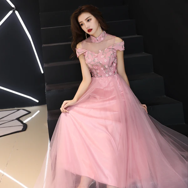 Chinese style Blushing Pink Prom Dresses 2019 A-Line / Princess High Neck Lace Flower Short Sleeve Backless Floor-Length / Long Formal Dresses
